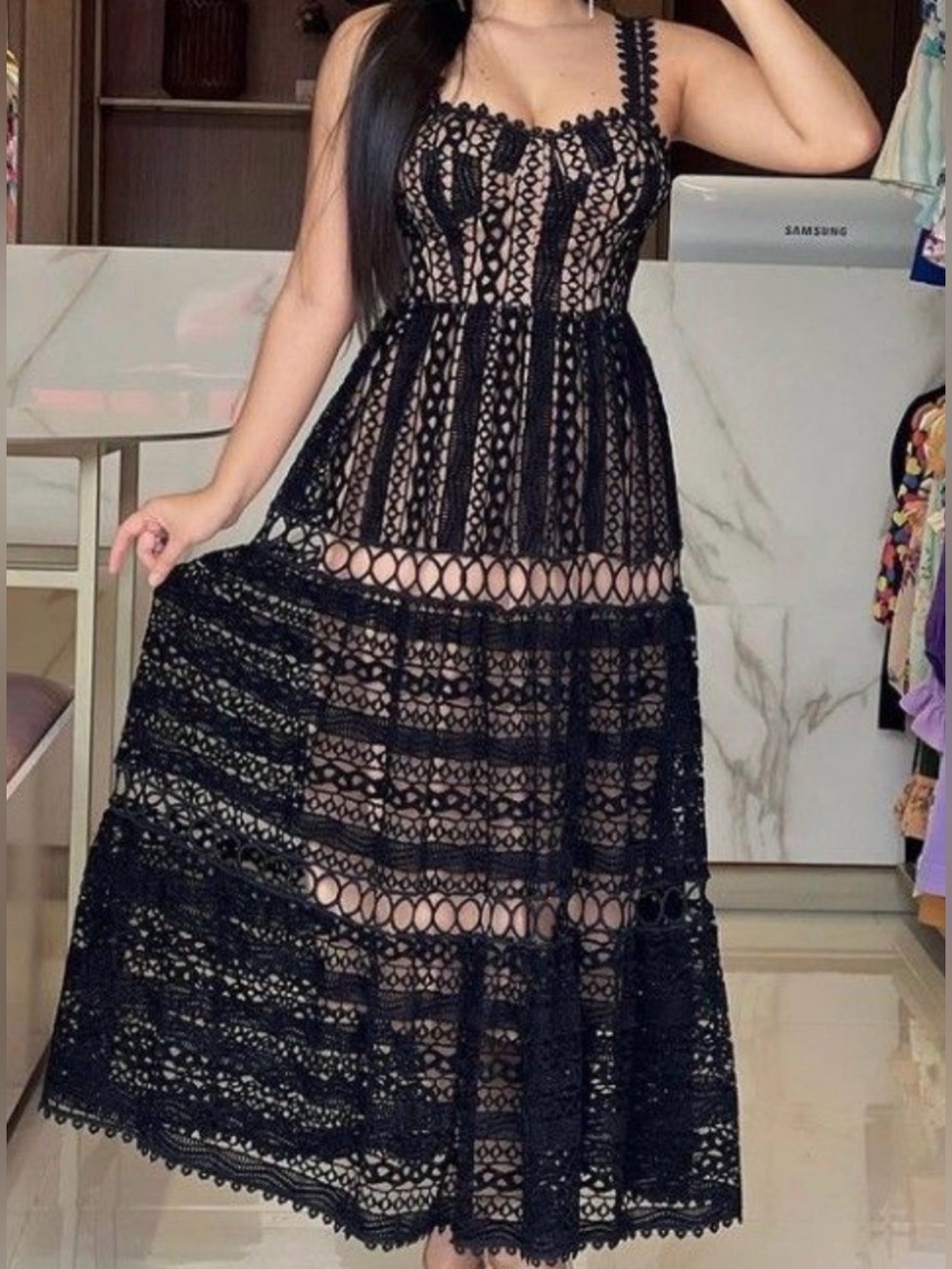 Limonada Pink Brazilian Black Tiered Nude Lining Maxi Dress
